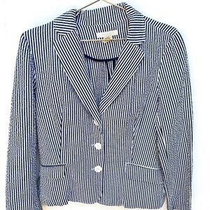 Sandro Navy Blue White Stripped Seersucker Long Sleeve Three Button Blazer
